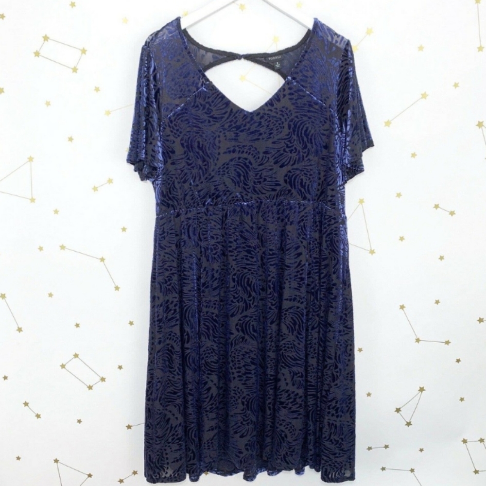 Torrid • Blue Burnout Velvet Cutout Skater Dress